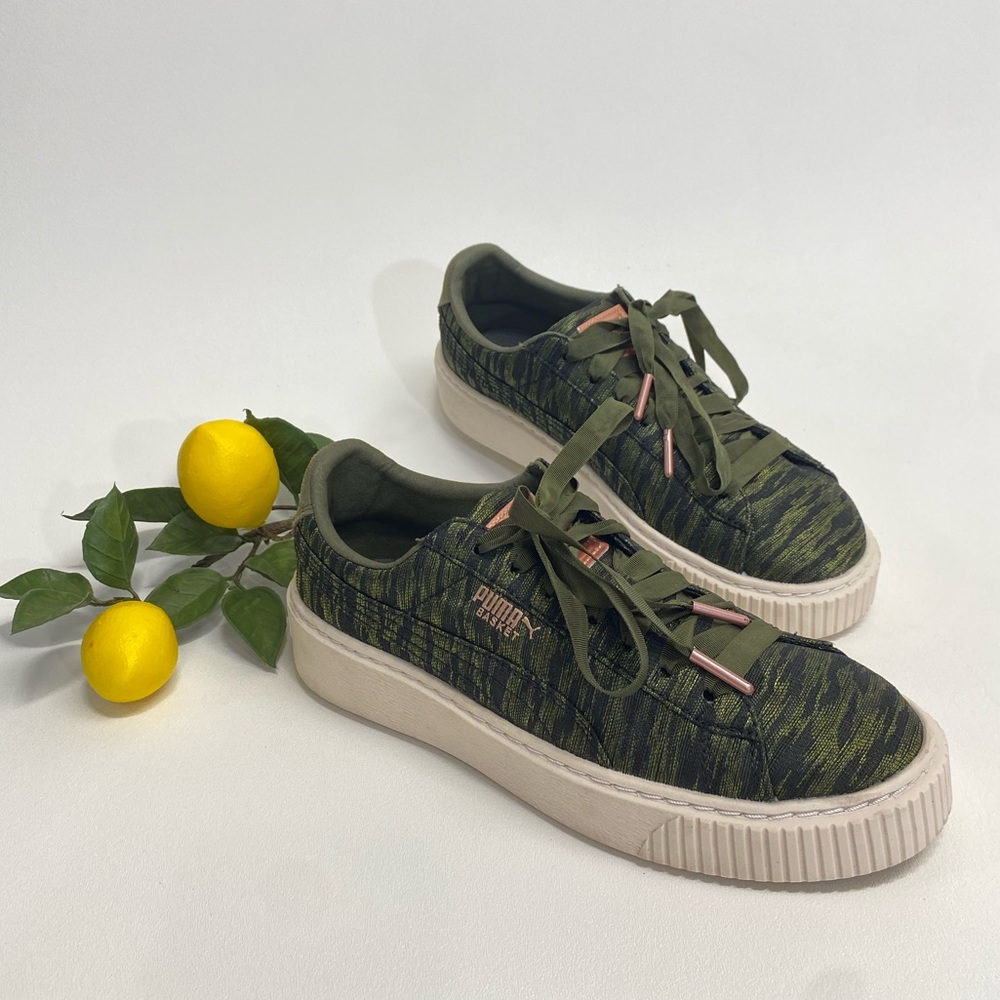 NEW Puma Basket Platform Satin Brocade Olive Army Green Ribbons Copper Detail 8